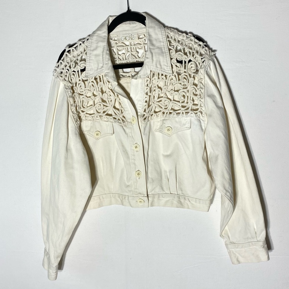 Vintage Cache Cream Oversized Cropped Denim Jean Jacket W Crochet Lace Shoulders